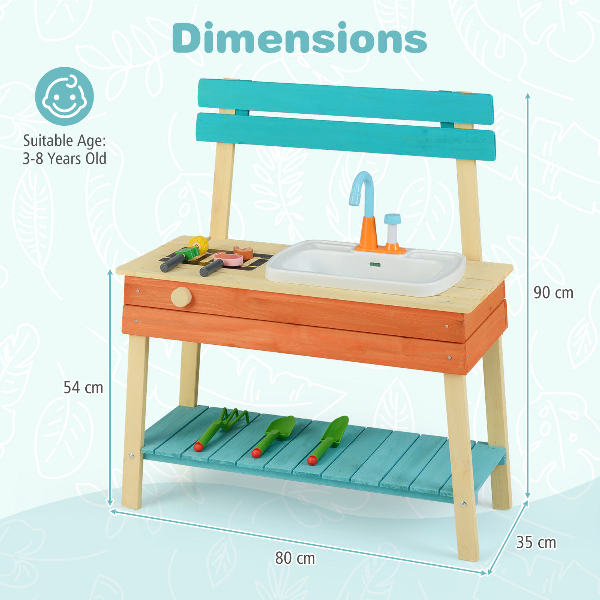 Dimensions diagram showing the height, width and depth of the play kitchen set