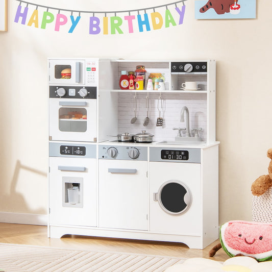 The white play kitchen set is shown with a birthday banner above