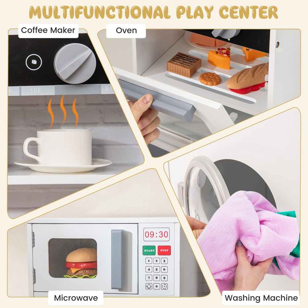 Close-ups of the microwave, oven, and washing machine of the play kitchen