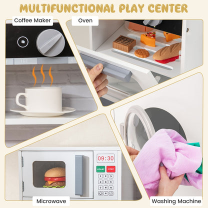 Close-ups of the microwave, oven, and washing machine of the play kitchen