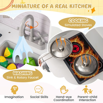 The play kitchen features include a sink, hob and washing machine