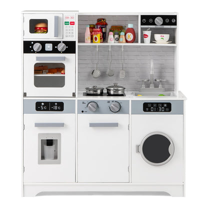 A white play kitchen set with a pretend microwave, oven, hob and sink