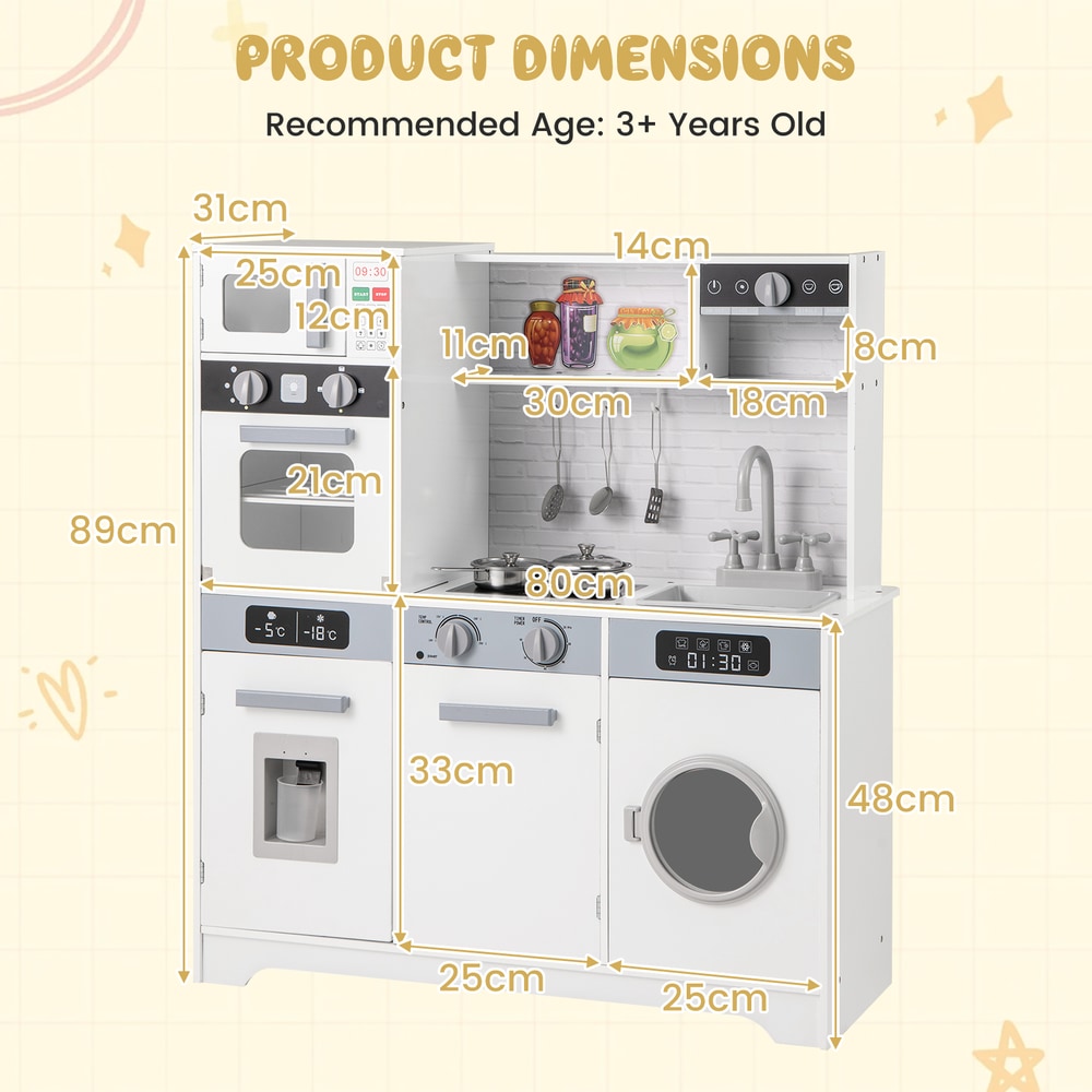 The dimensions of the white play kitchen set are shown