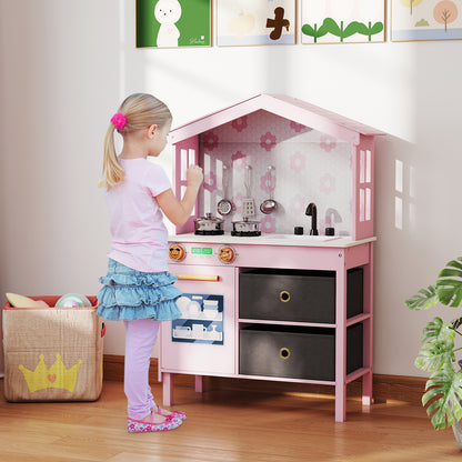 Young girl playing with the pink play kitchen set in a living room