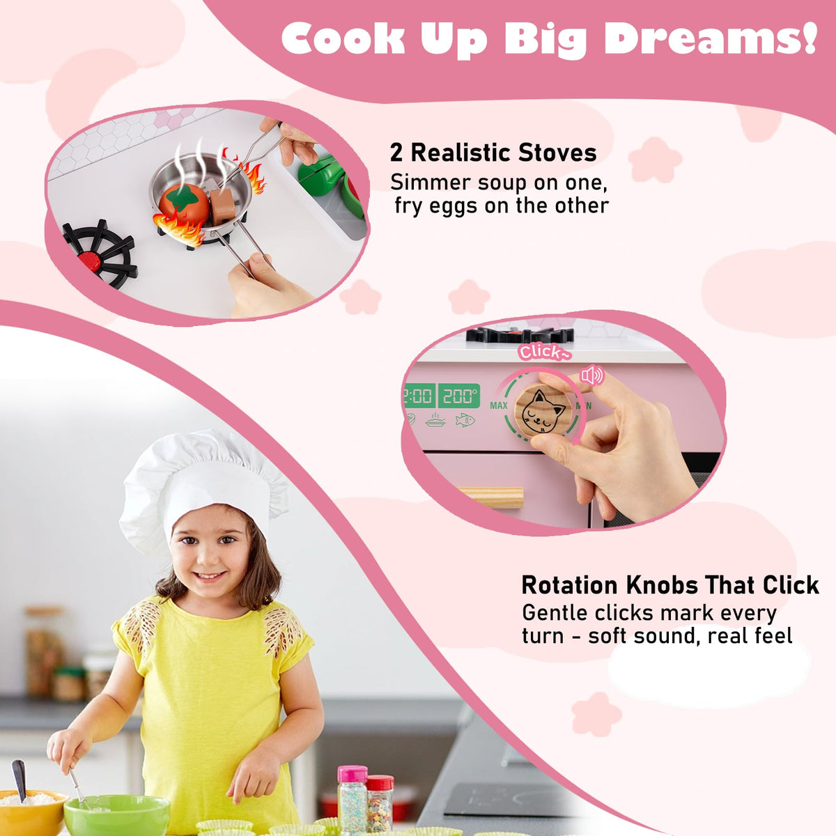 Close up of the play kitchen set showing realistic stoves and turning knobs