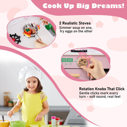 Close up of the play kitchen set showing realistic stoves and turning knobs