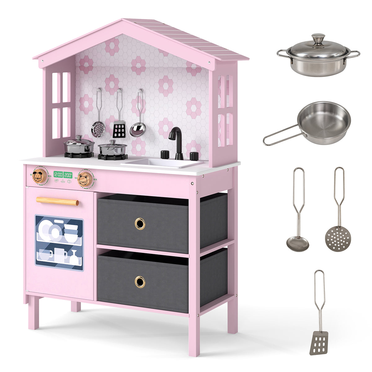 Play kitchen set with included cooking utensils like a pot and spatula