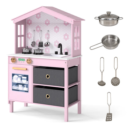Play kitchen set with included cooking utensils like a pot and spatula