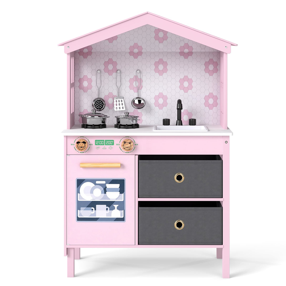 Kids Play Kitchen with two stoves, sink, oven and two drawers in pink