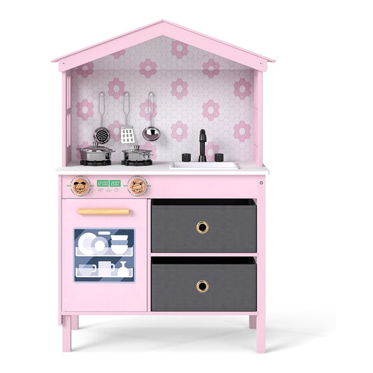 Kids Play Kitchen with two stoves, sink, oven and two drawers in pink
