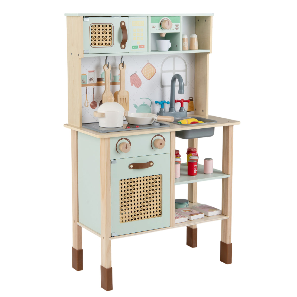 The green wooden play kitchen set with accessories laid out separately