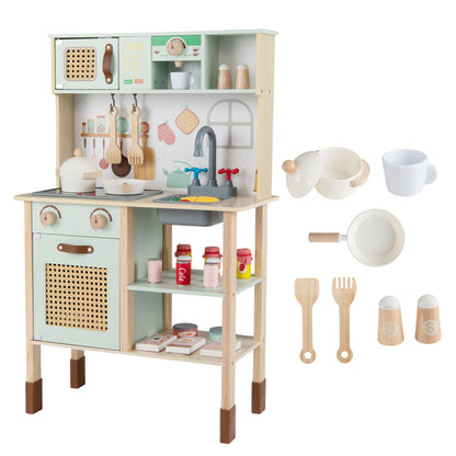 Kids Play Kitchen Wooden Pretend Kitchen Playset with rattan doors and wood legs in green