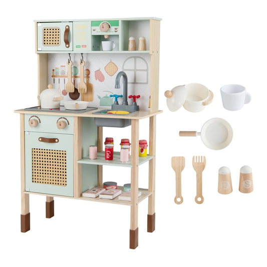 Kids Play Kitchen Wooden Pretend Kitchen Playset with rattan doors and wood legs in green