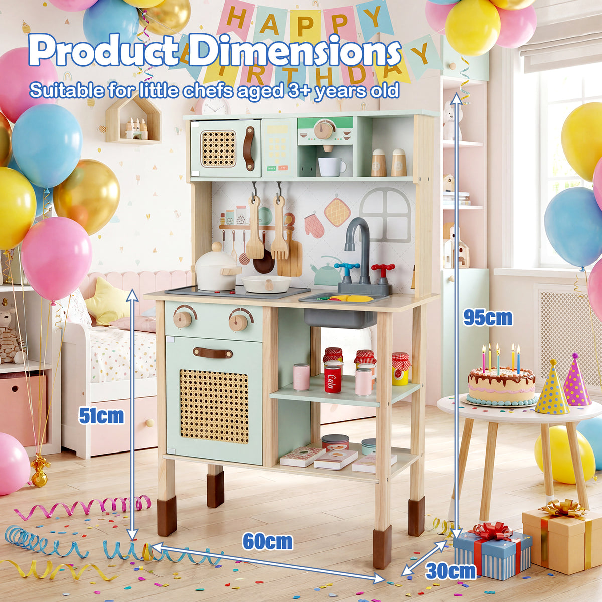 Product dimensions diagram for the green wooden play kitchen set with measurements