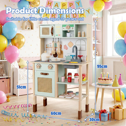Product dimensions diagram for the green wooden play kitchen set with measurements