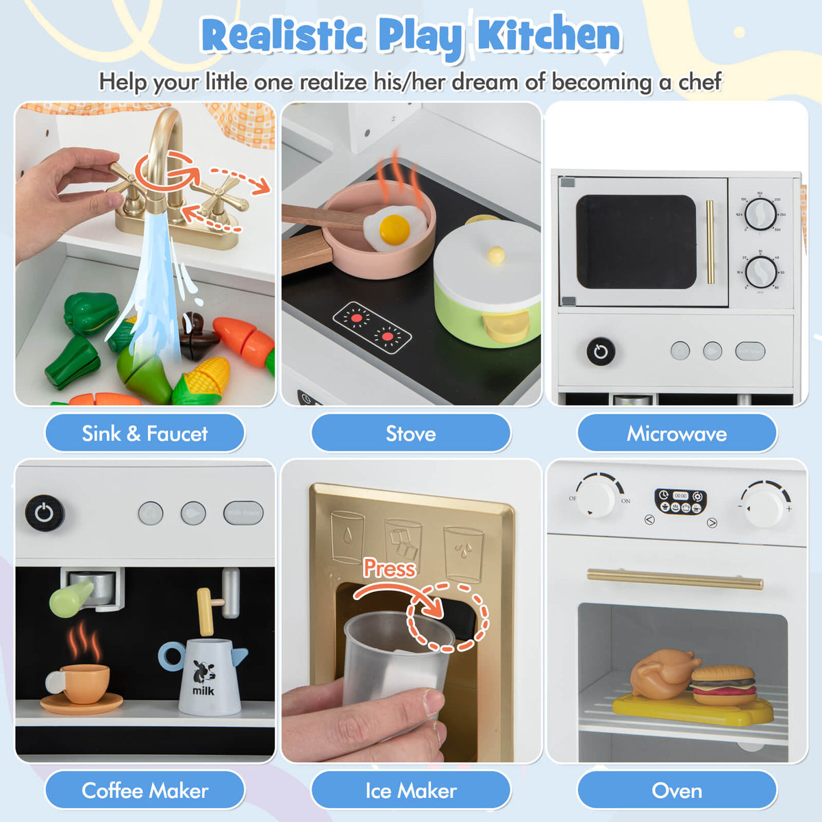 Close-up views of the play kitchen features including sink, stove, microwave, coffee maker, ice maker, and oven