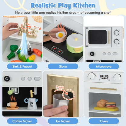 Close-up views of the play kitchen features including sink, stove, microwave, coffee maker, ice maker, and oven