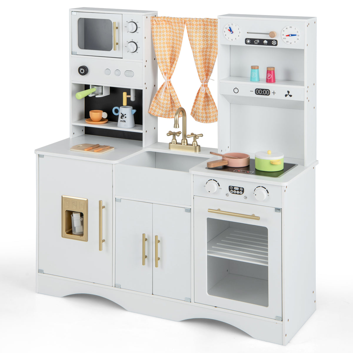 White wooden play kitchen with gold accents, featuring a microwave, sink, and oven