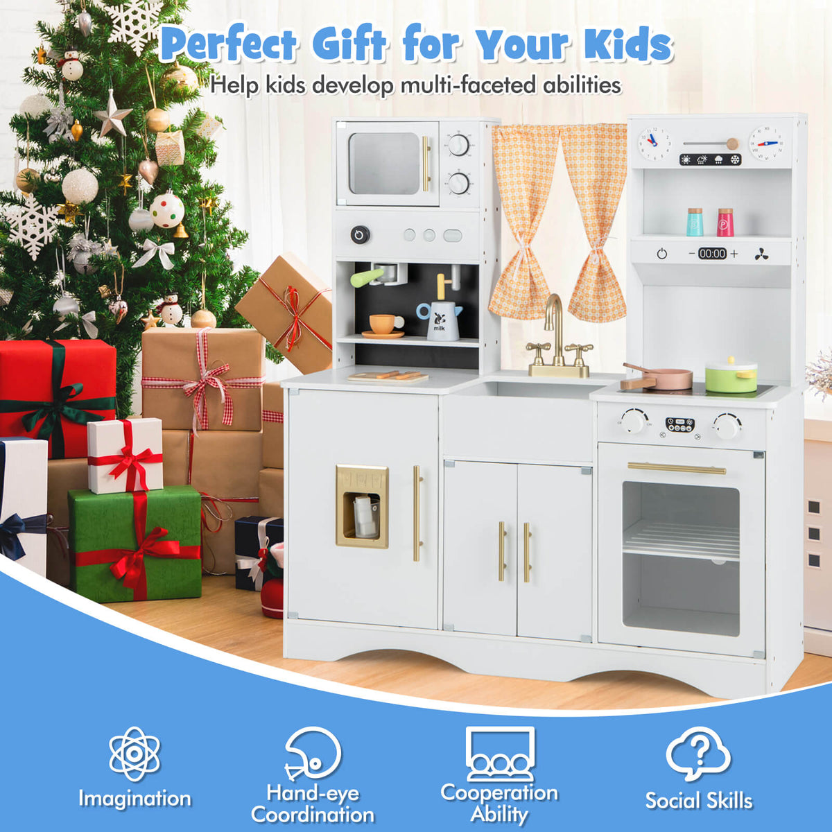 White wooden play kitchen set displayed in a festive Christmas setting with gifts