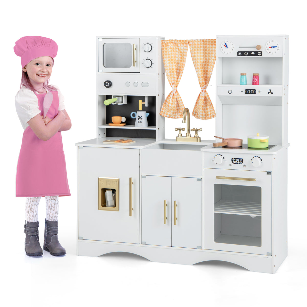 Kids Play Kitchen Wooden with microwave and ice maker, shown with a child wearing a pink apron and hat