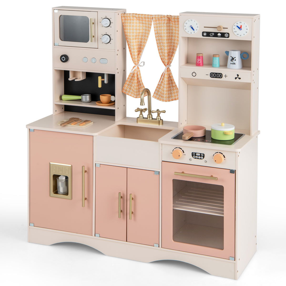 Close-up of the pink wooden play kitchen with microwave, sink, oven, and storage cupboards