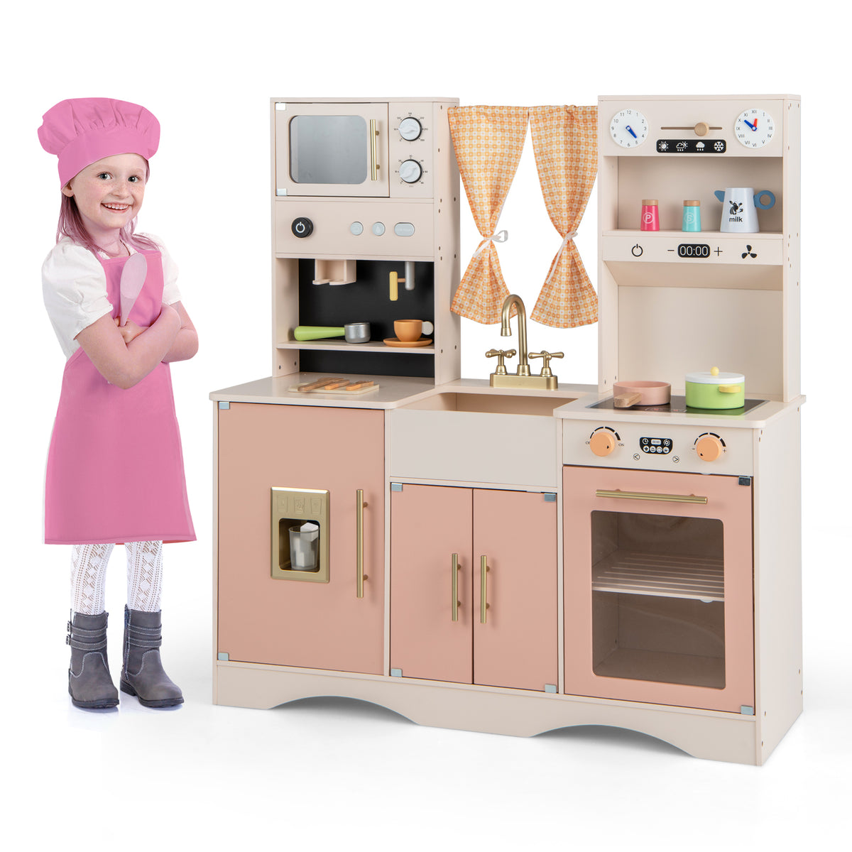 Kids Play Kitchen Wooden with microwave and ice maker in pink, with a child wearing a pink apron and hat