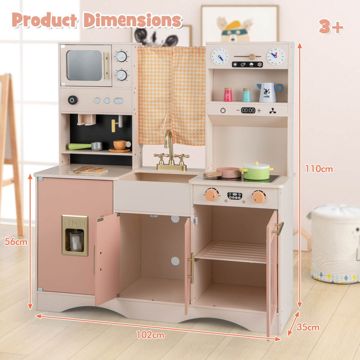 Pink wooden play kitchen set with dimensions shown for height, width, and depth