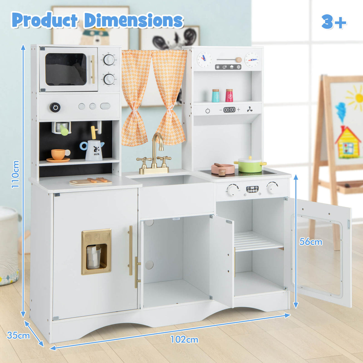 Dimensions diagram of the white wooden play kitchen, showing width, height, and depth