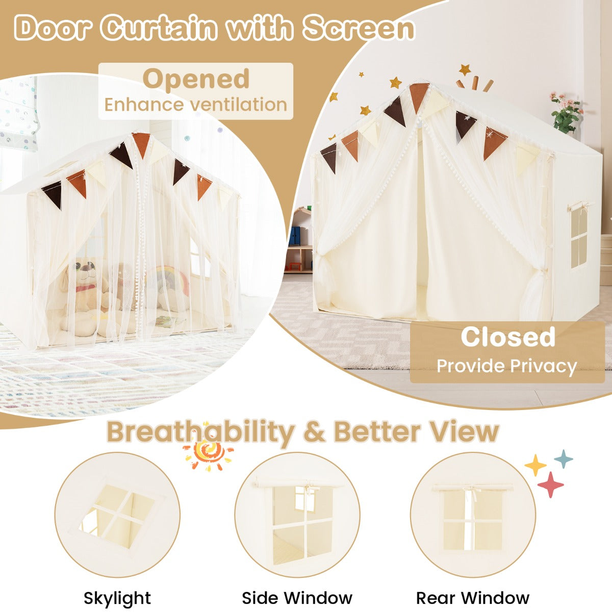 the play tent house with open and closed screen curtains and window views