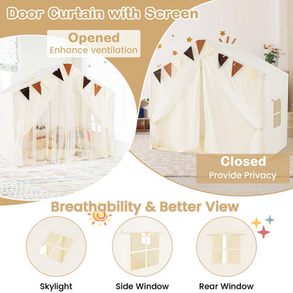 the play tent house with open and closed screen curtains and window views