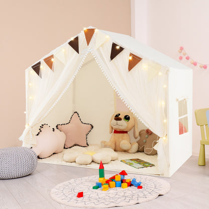 the large play tent house with fabric and screen curtains set up indoors