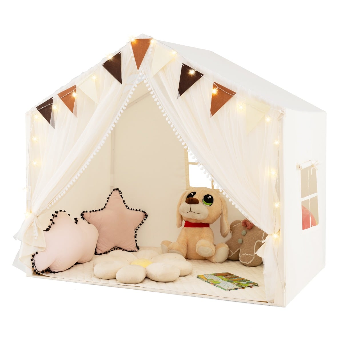 Kids Play Tent a large beige playhouse with fabric and screen curtains