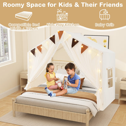 two children playing on a bed with the beige play tent house above