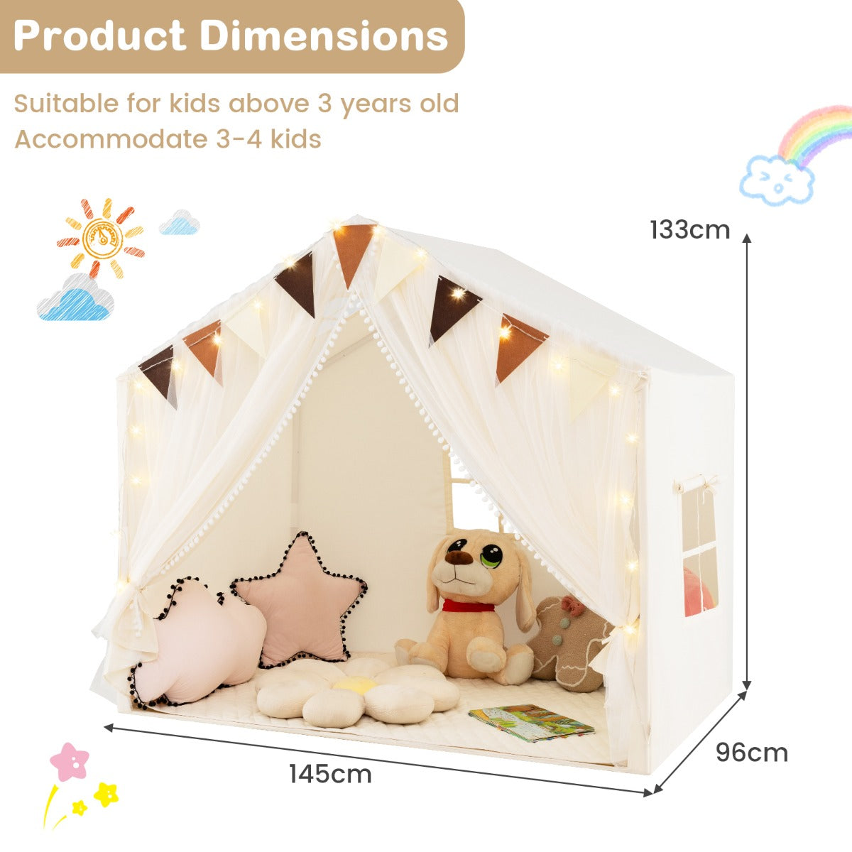 the beige play tent house with dimensions shown