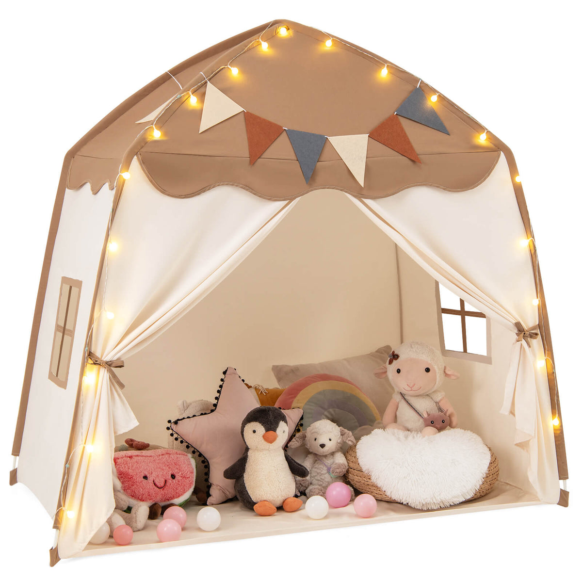 Kids Play Tent Bed extra large with lights, set up indoors with toys and soft furnishings