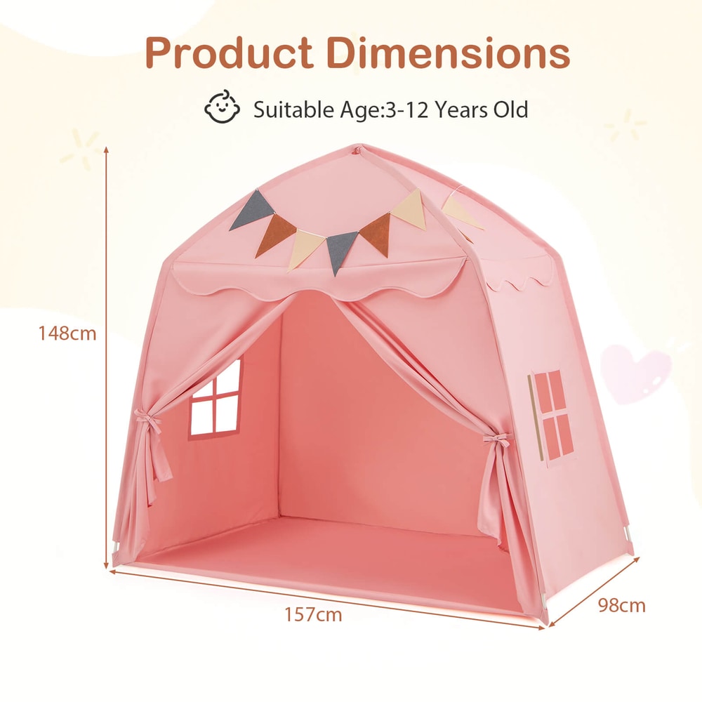 A pink play tent bed with dimensions labelled for size comparison