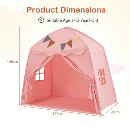 A pink play tent bed with dimensions labelled for size comparison