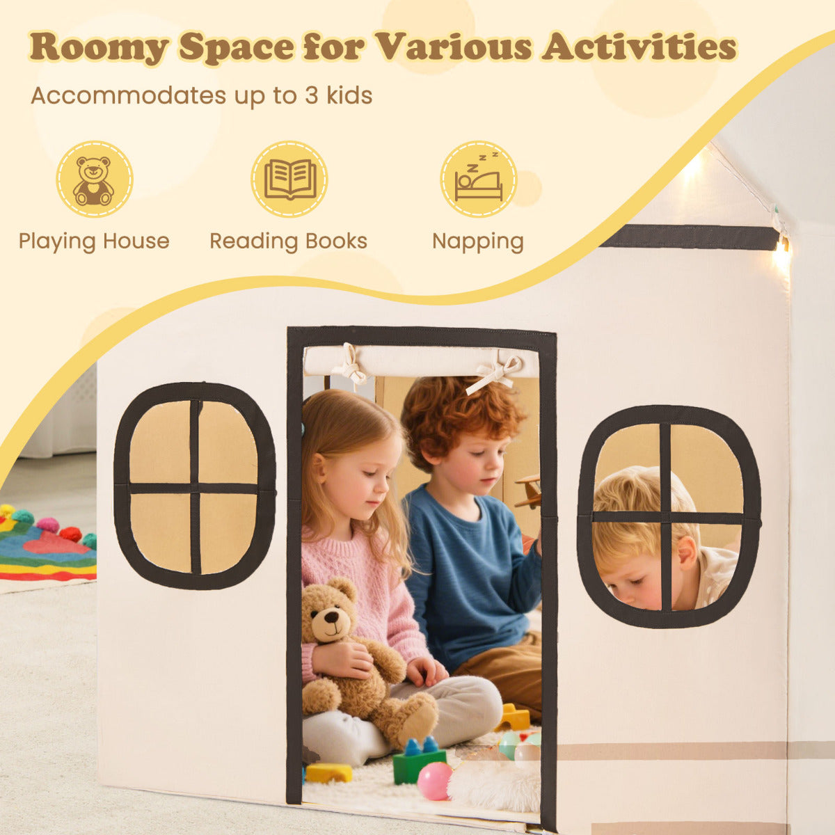 The playhouse in use with three children sitting inside playing with toys