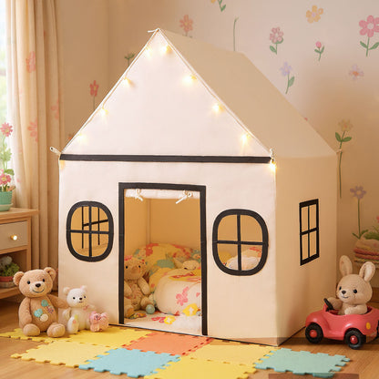 The playhouse set up in a child's bedroom with teddy bears and colourful floor mats