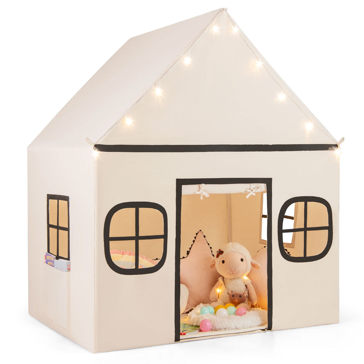Kids Play Tent in beige with fairy lights and a plush toy inside on a white background