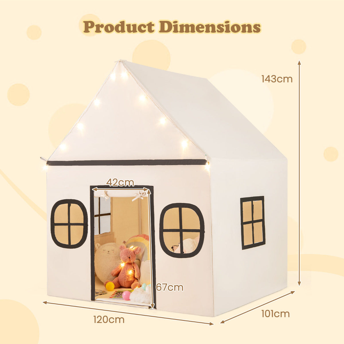 The play tent with overlay lines and text showing the product dimensions