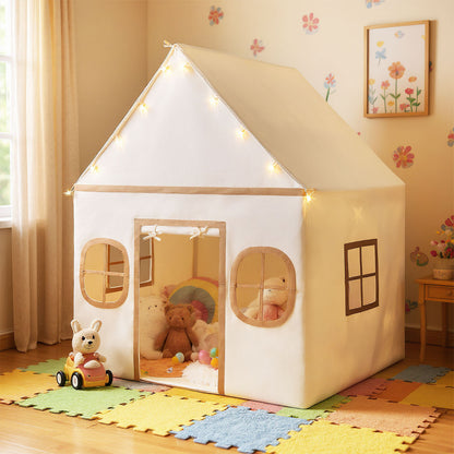 Large grey playhouse tent for children set up indoors with toys