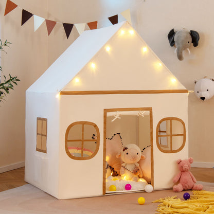 Grey playhouse tent for kids with fairy lights and stuffed animals