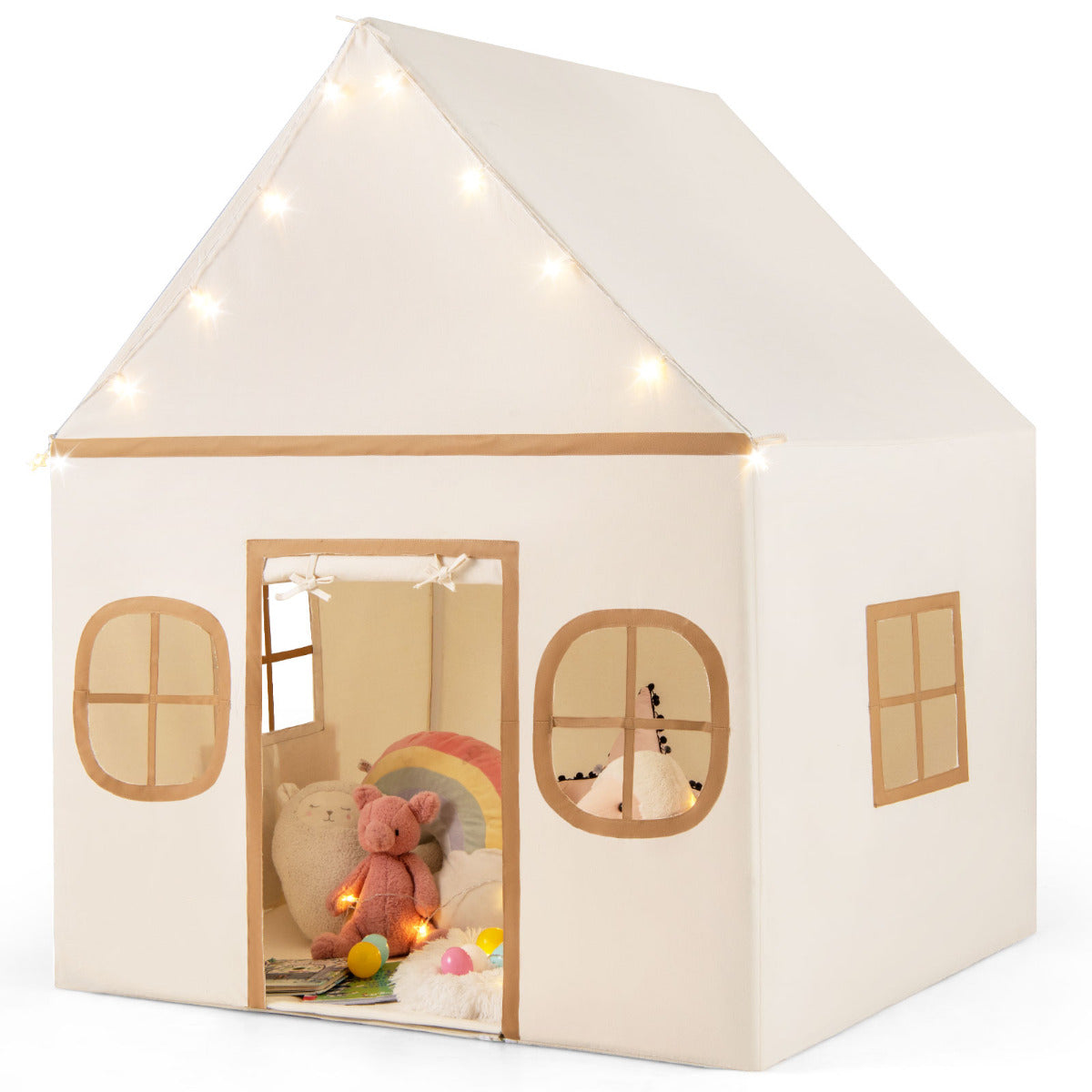 Grey playhouse tent for children with windows and fairy lights