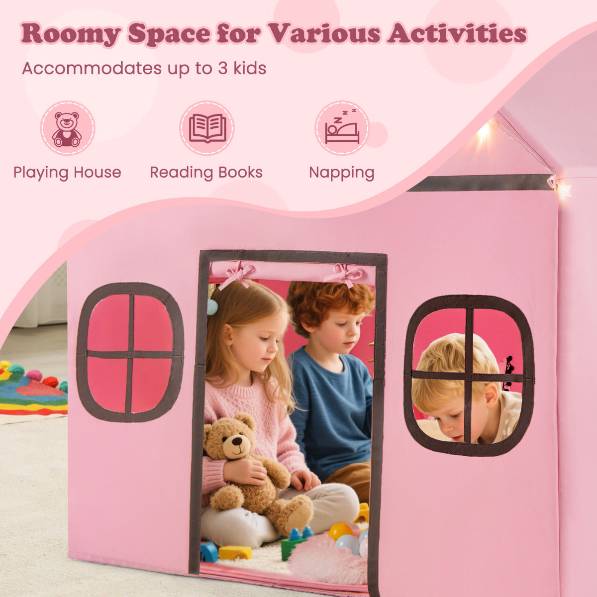 Children playing inside the pink playhouse, reading books and napping