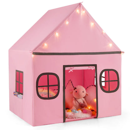 Kids Play Tent a large pink playhouse with fairy lights and windows
