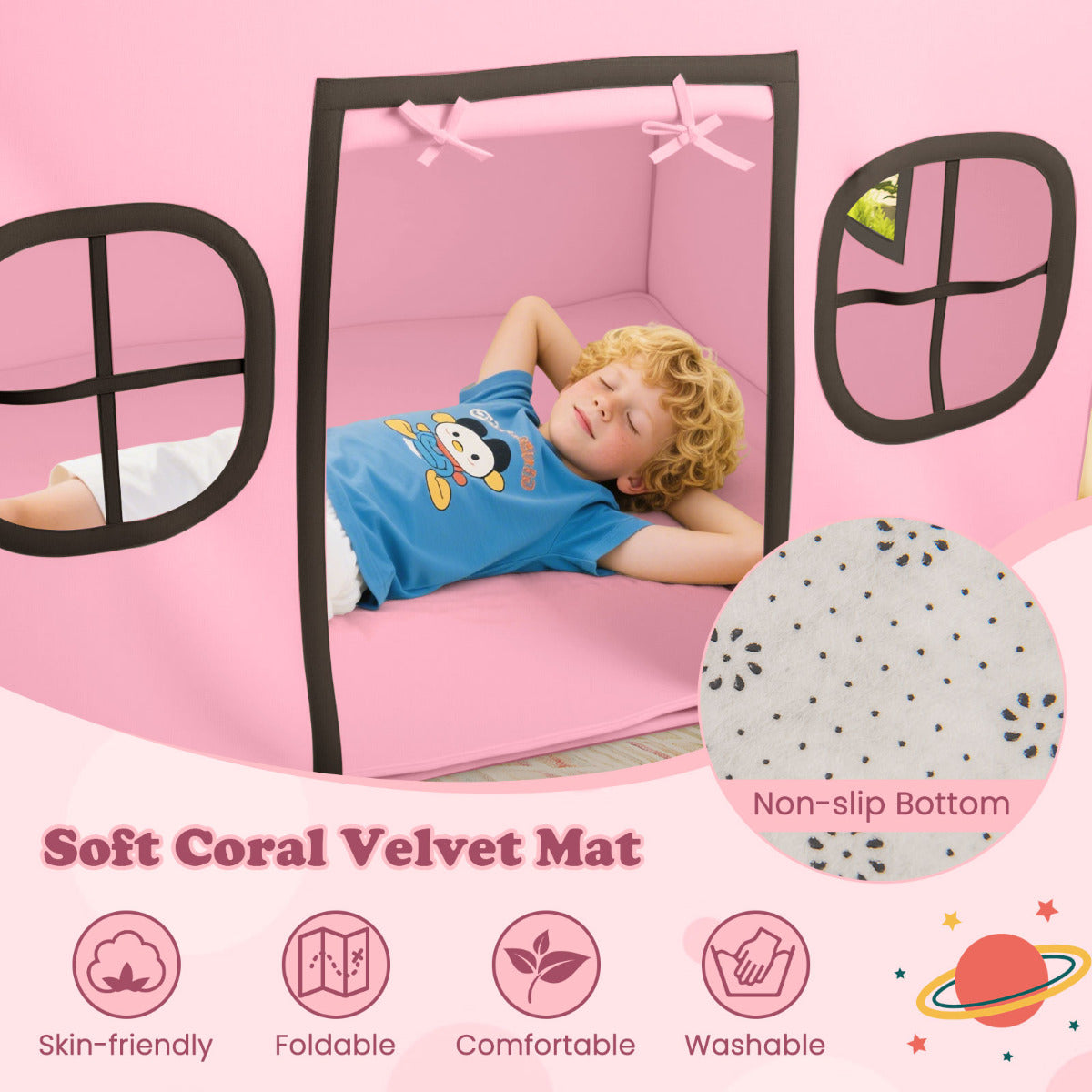 The soft coral velvet mat inside the play tent, showing its non-slip bottom