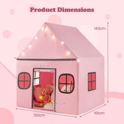 Product dimensions diagram showing the size of the pink playhouse