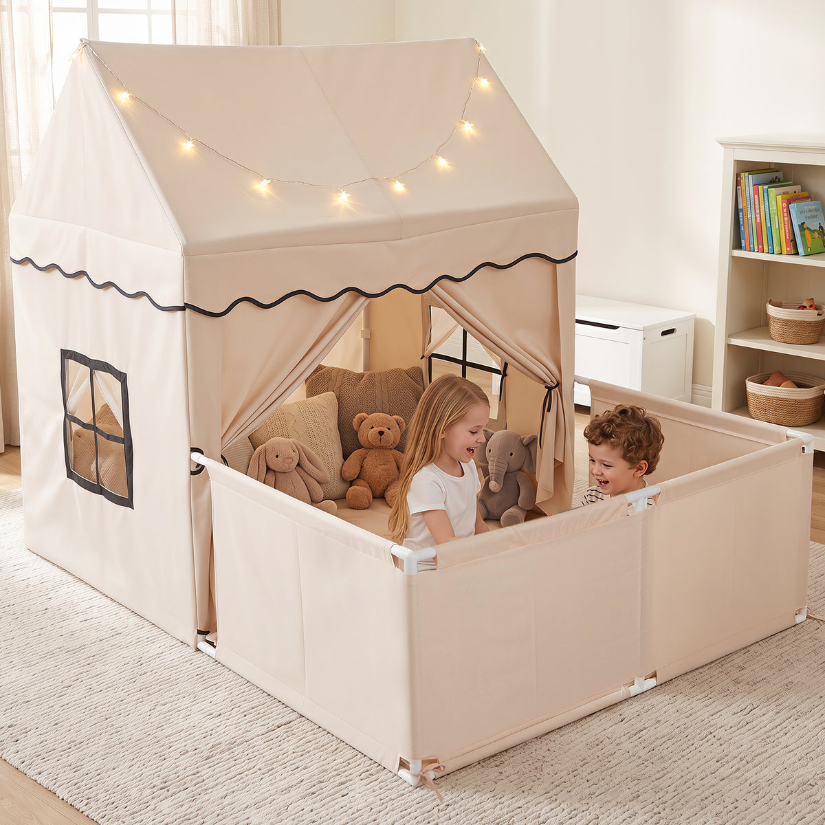 The play tent and playpen in use with two children playing inside the enclosed area