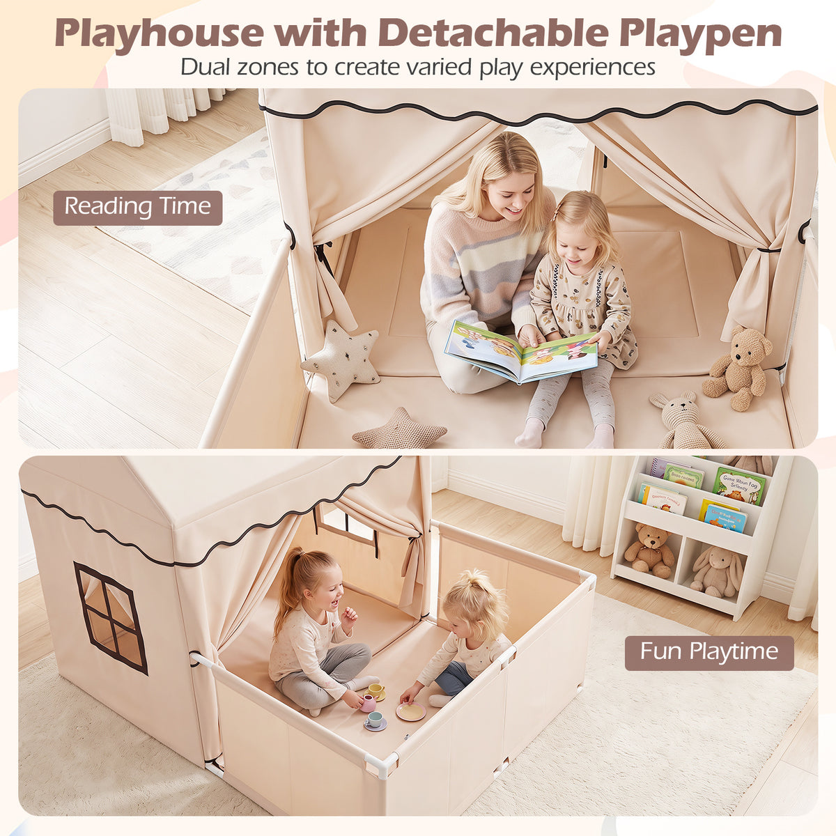 The play tent showing an adult reading to a child and two children playing with toys